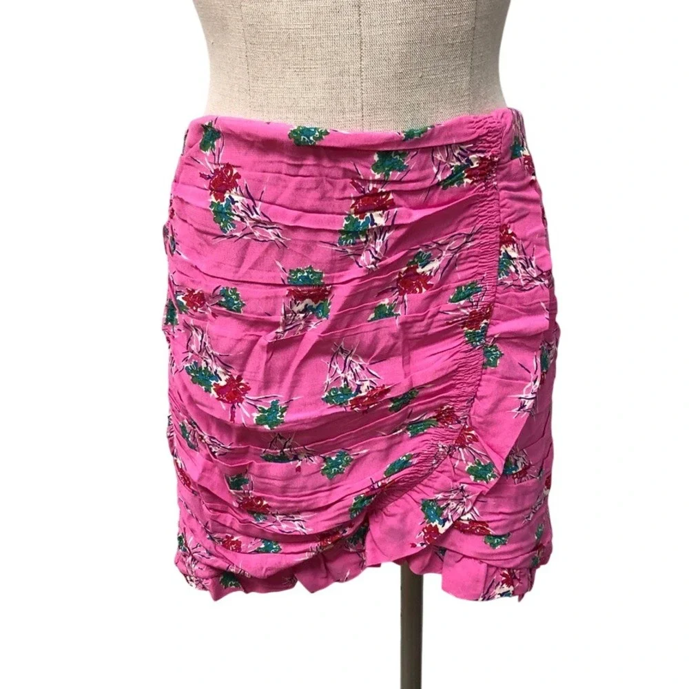 Zara Skirt Womens Large Pink Floral Ruched Ruffle Mini Playful Barbie Romantic